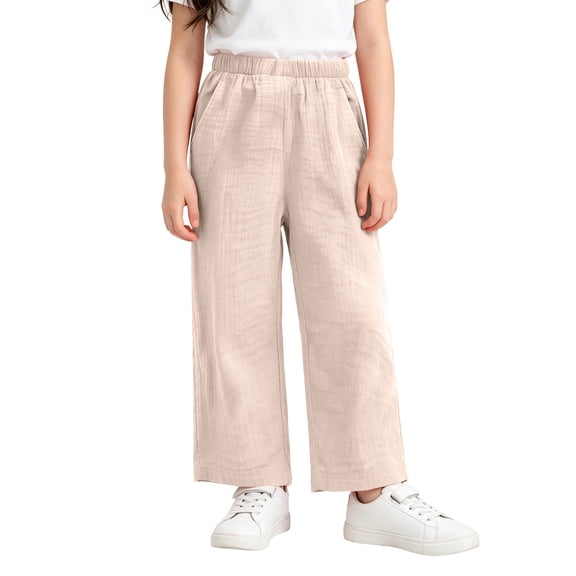BOOMNY Girl's Casual Pants Wide Leg Loungewear Pants for Kids Trendy Elastic Waist Solid Lightweight Trousers With Pockets