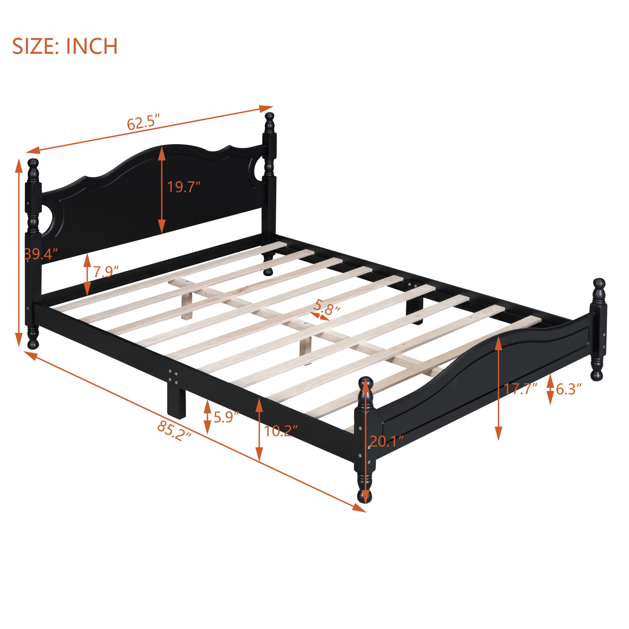 Noble House Queen Wood Platform Bed Frame with Headboard, Wooden Slat Support, Black