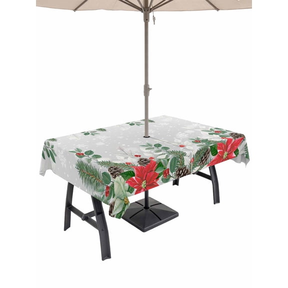 Outdoor Tablecloth with Umbrella Hole and Zipper, Christmas Poinsettia Rectangle Table Cloth 52x70 Inch Waterproof Tablecloth, Xmas Eucalyptus Botanical Grey Picnic Table Cover for Patio Camping