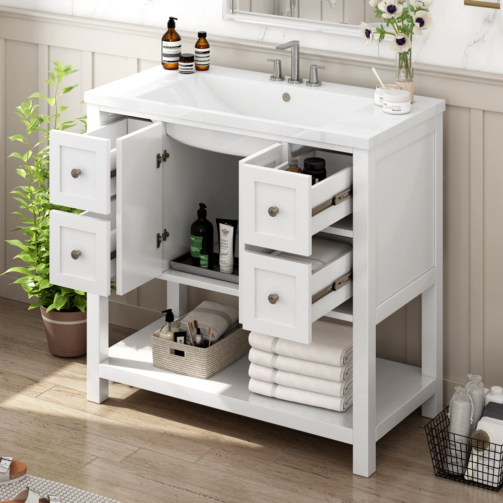 MIDOQIN 36'' Bathroom Vanity with Countertop Sink, Bathroom Storage Cabinet, Freestanding Floor Rustic Single Combo Cabinet 4 Drawers and Soft Closing Doors