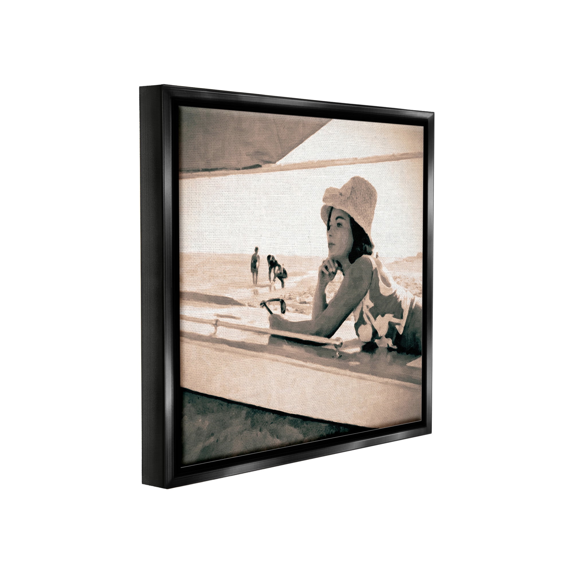Stupell Industries Vintage Woman Sunbathing Landscape Painting Black Floater Framed Canvas Art Print Wall Art, 25 x 25