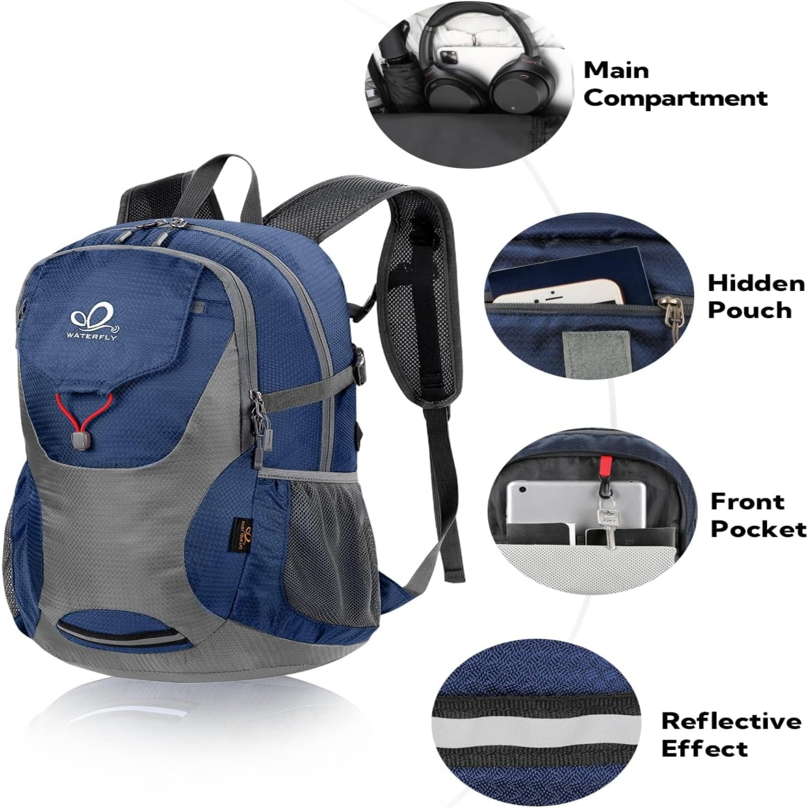 WATERFLY Unisex 30L Small Foldable Packable Travel Hiking Backpacks Daypack,Blue Gray