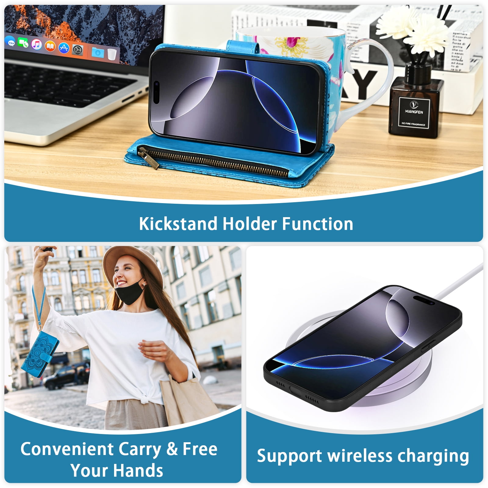 Phone Case for iPhone 16 Pro Max 6.9 inch Zipper Wallet Magnetic Detachable Cell Cover with Tempered Glass Screen Protector Crossbody Strap Flower Card Holder Slot i16 ProMax 16ProMax Women Blue