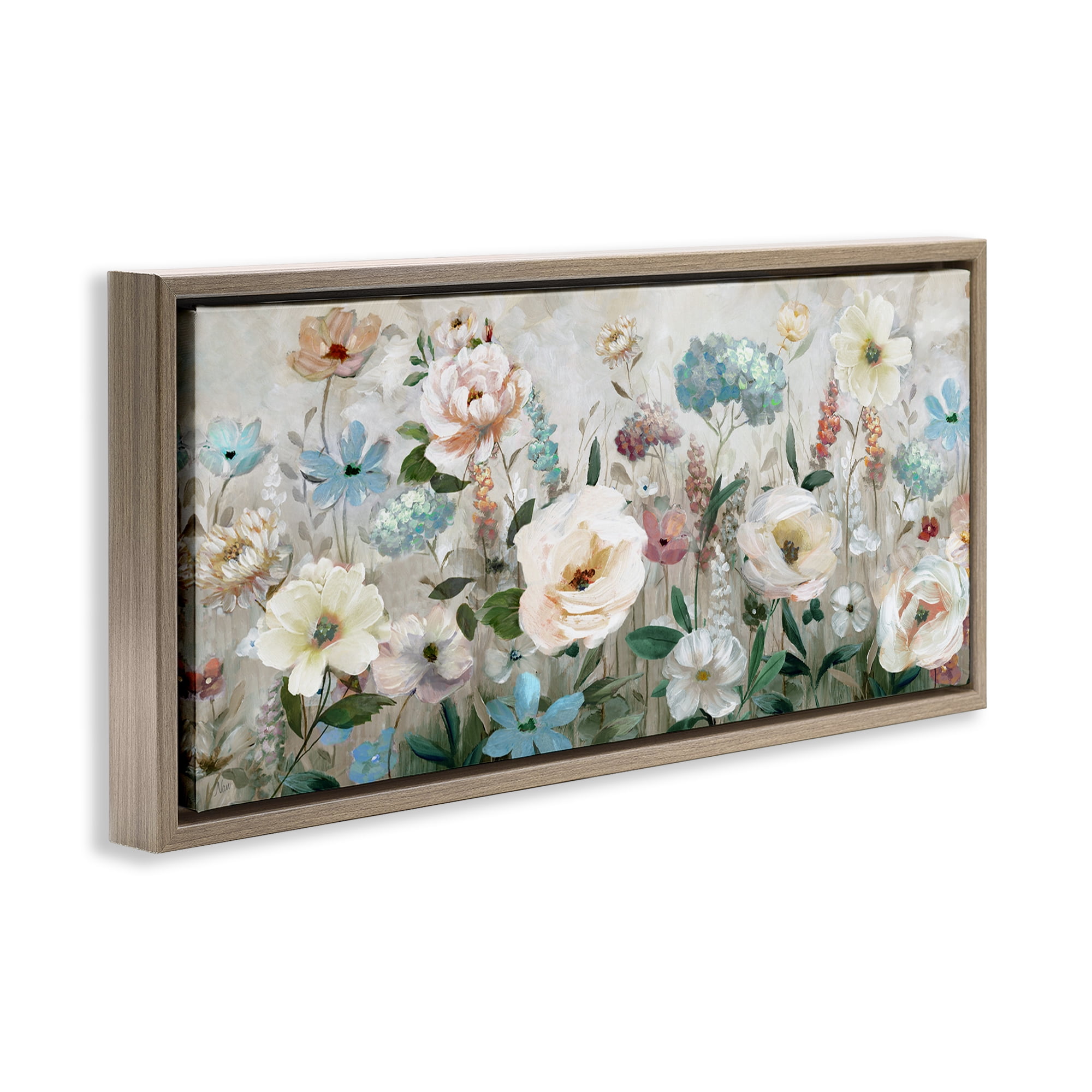 Stupell Industries Pastel Garden of Peonies Brown Framed Floater Canvas Wall Art, design by Nan