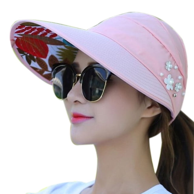 Advancent Sombrero de verano con cola de caballo para mujer, gorro de sombrilla plegable con flores de perlas, ala ancha y grande, informal, para Deportes acuáticos rosado