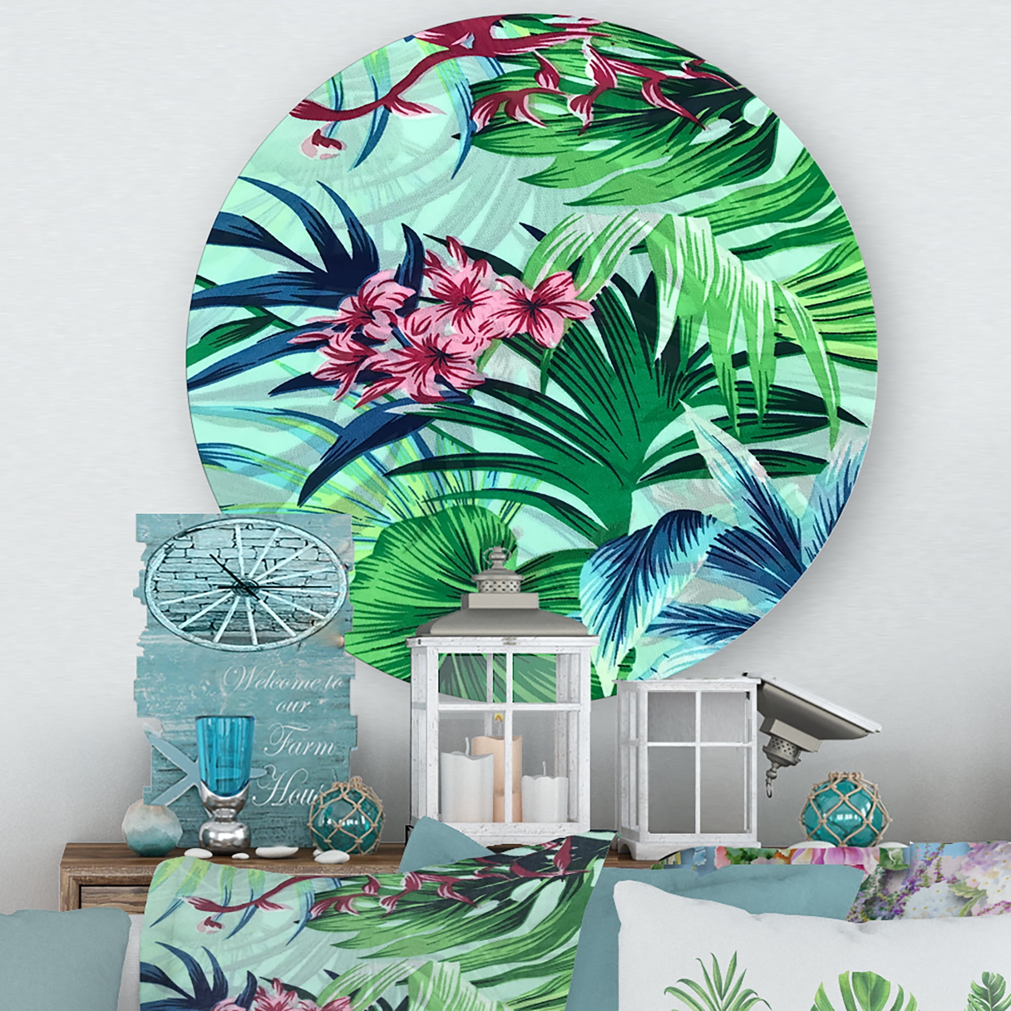 Designart 'VIntage Tropical Flowers VI' Traditional Circle Metal Wall Art 11x11 - Disc of 11