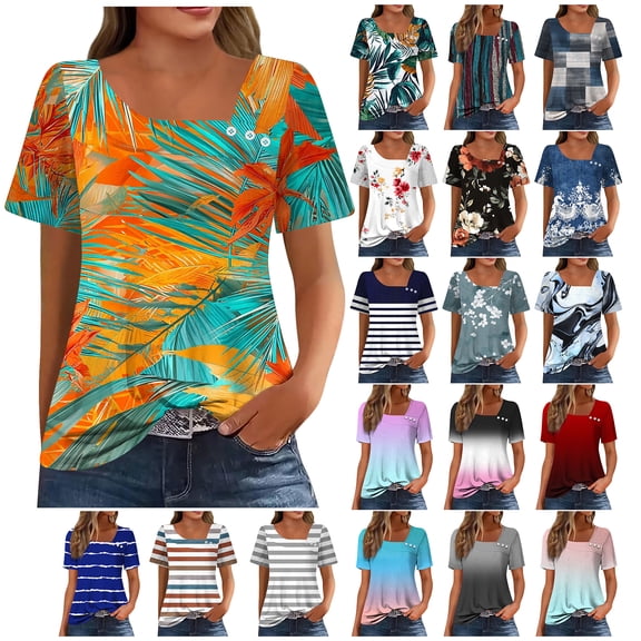 NSLGXD Womens T-shrits Casual Round Neck Short Sleeve Blouses Button up Fashion Gradient Graphic Tees Flowy Elegant Tshirts S-2XL Hot Pink Tshirt