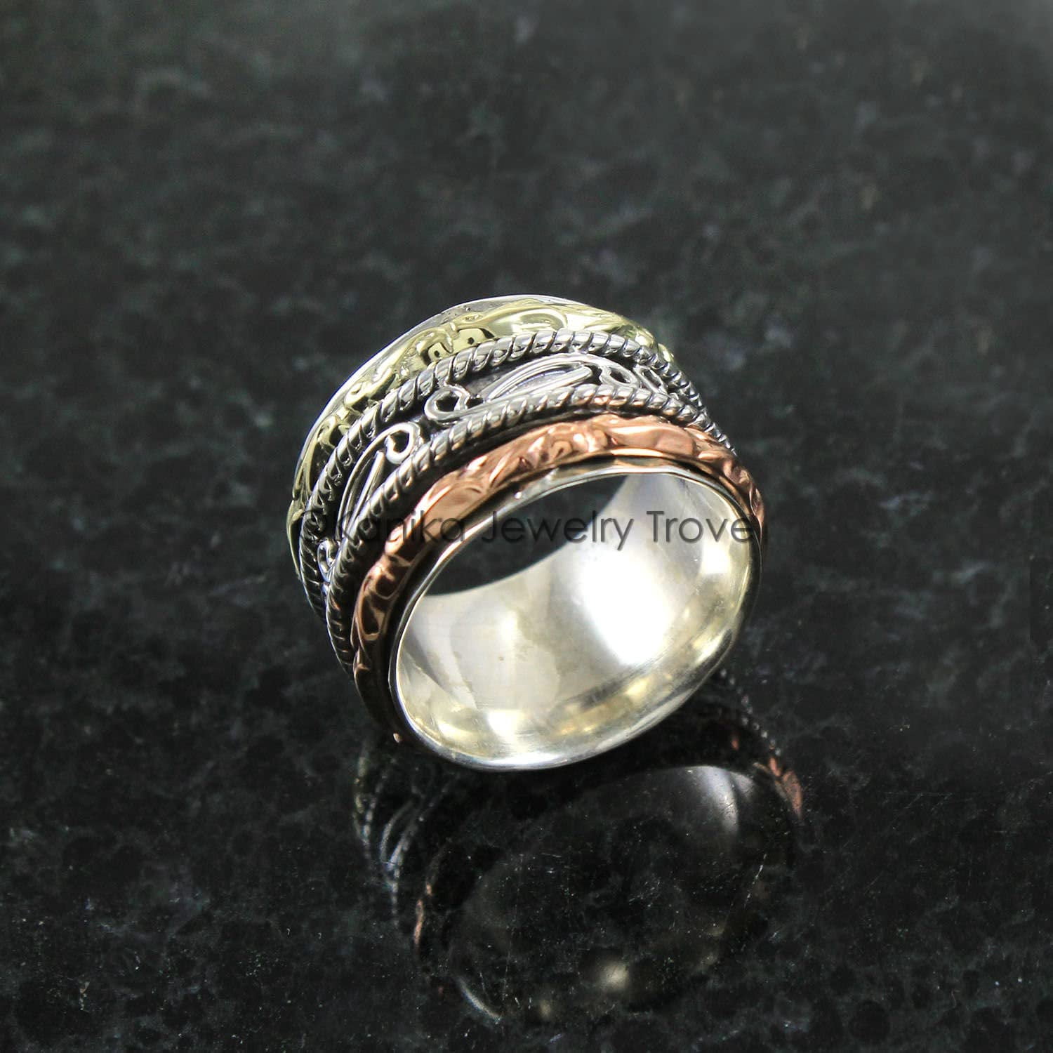 SS DESIGNS Sterling Silver Spinner Ring 925 Silver Anxiety Relief Band with Brass & Copper Fidget Spinners, Elegant Anti Stress Jewelry for Women