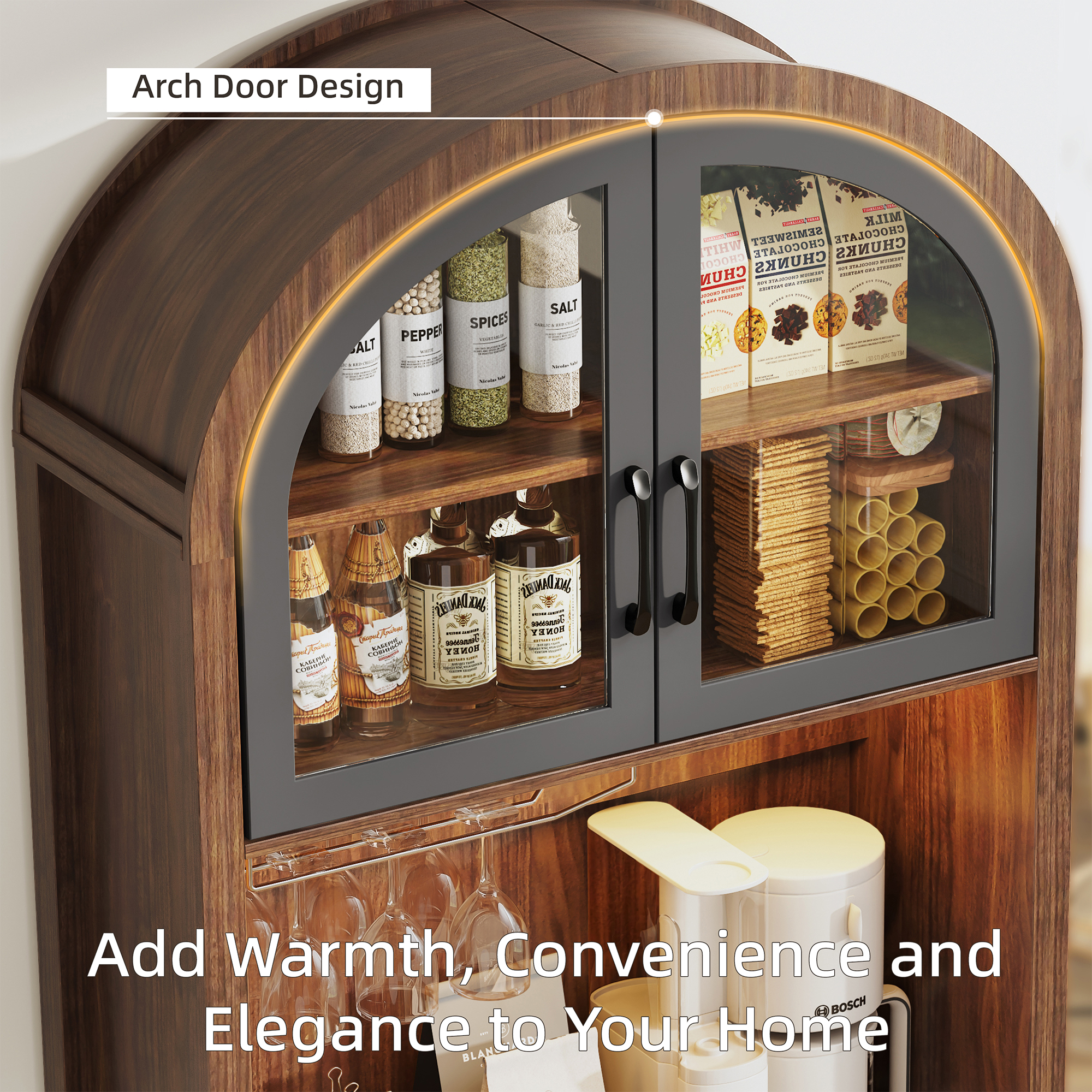 75" Tall Pantry Hutch with Charging Station and Microwave Stand, Kitchen Cabinets Hutch Cupboard for Kitchen, Dining Room, Walnut