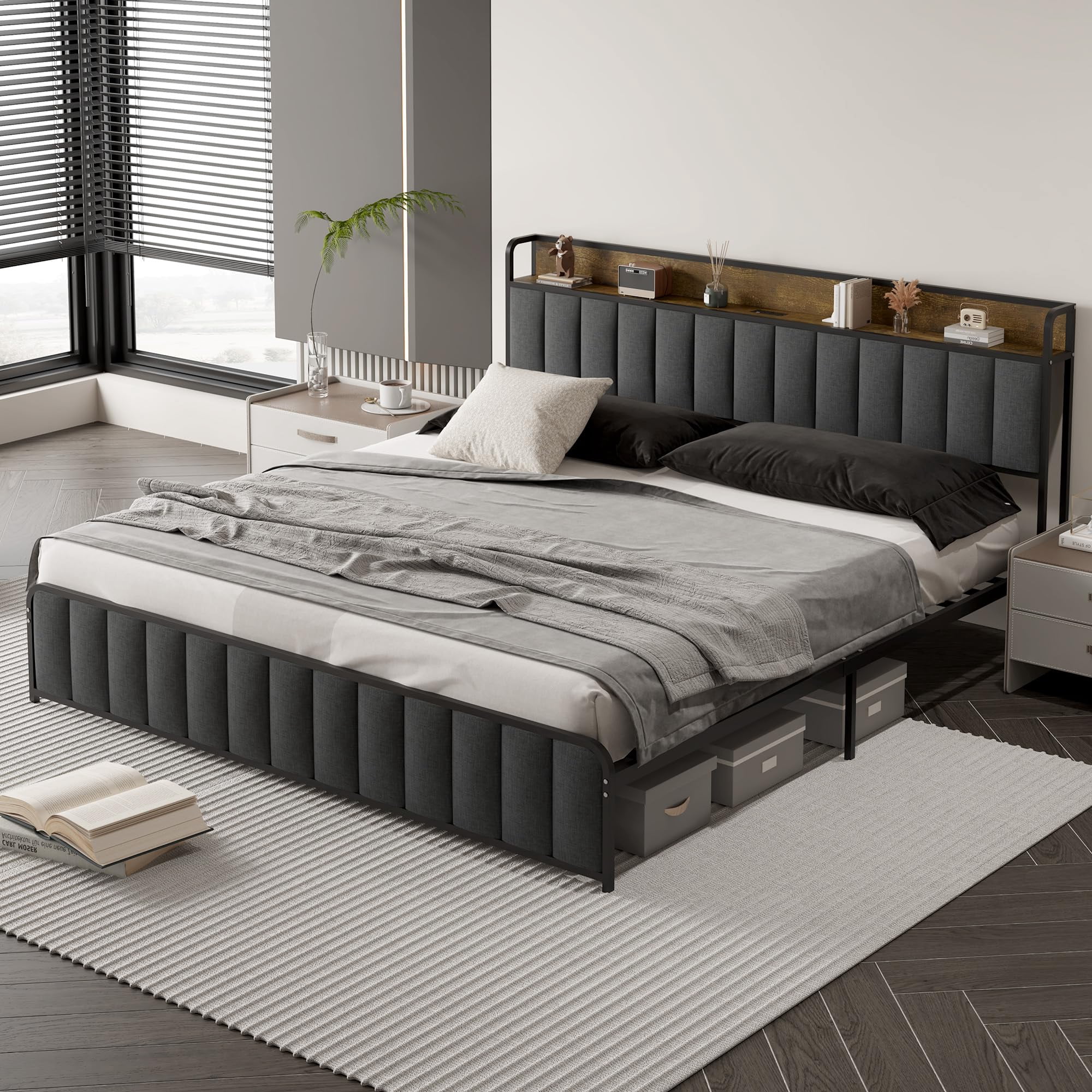 Bed Frame,Vintage Upholstered Platform Bed Frame with Storage Headboard