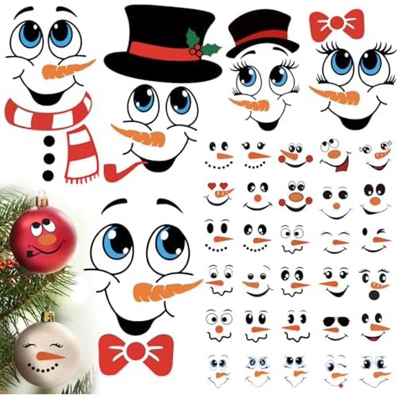 48 PCS Snowman Face Stickers for Crafts Christmas Snowman Faces Decals for Xmas Ornament Window Stickers Wall Glass Water Bottles Cup Christmas Decorations