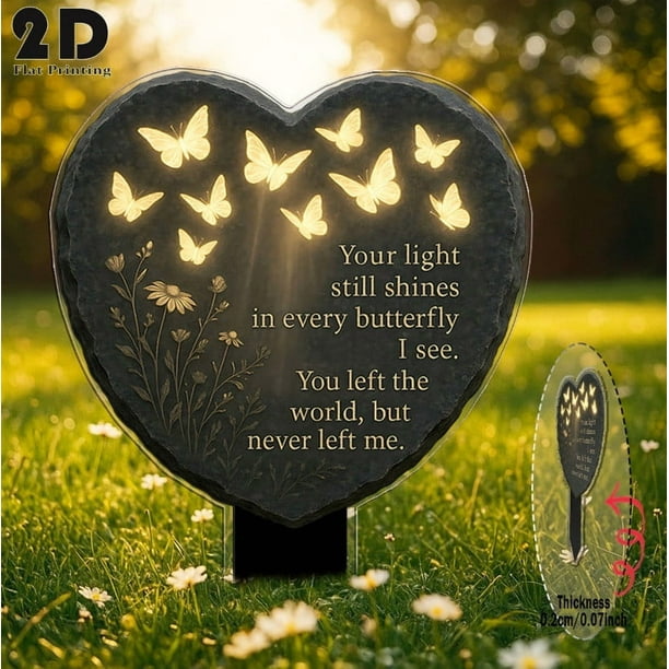 Memorial Garden Stake - Heart-Shaped Rock with Butterfly, Poem & Floral Design | Waterproof 2D Acrylic Grave Marker for Garden, Yard