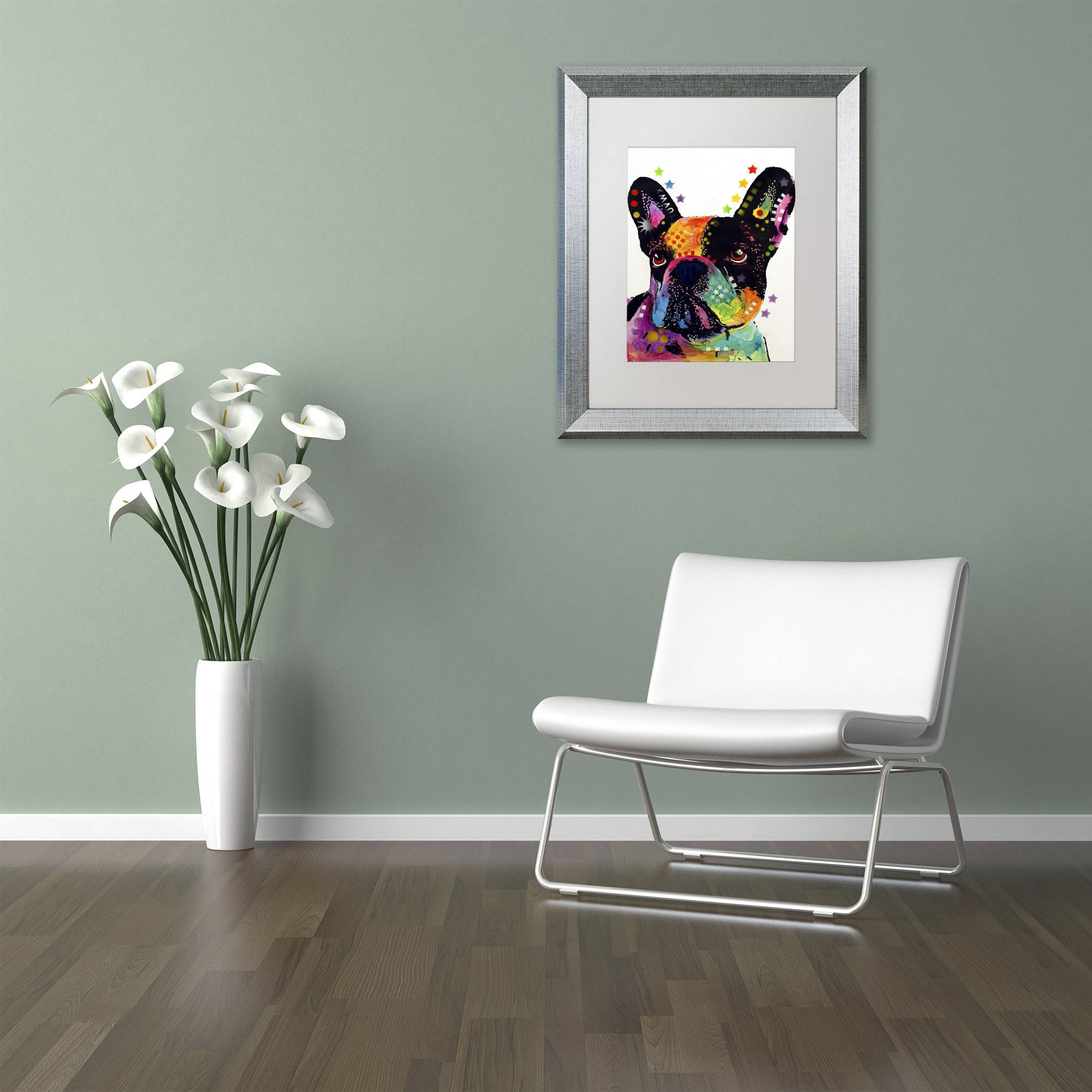 Trademark Fine Art "French Bulldog" Canvas Art by Dean Russo, White Matte, Silver Frame