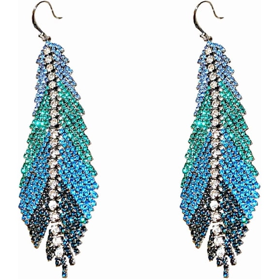 CZ Fringe Feather Leaf Drop Statement Earrings for Women Green Blue Cubic Zirconia Tassel Crystal Chain Dangle Hook Stud Earring Elegant Christmas Wedding Birthday Prom Jewelry