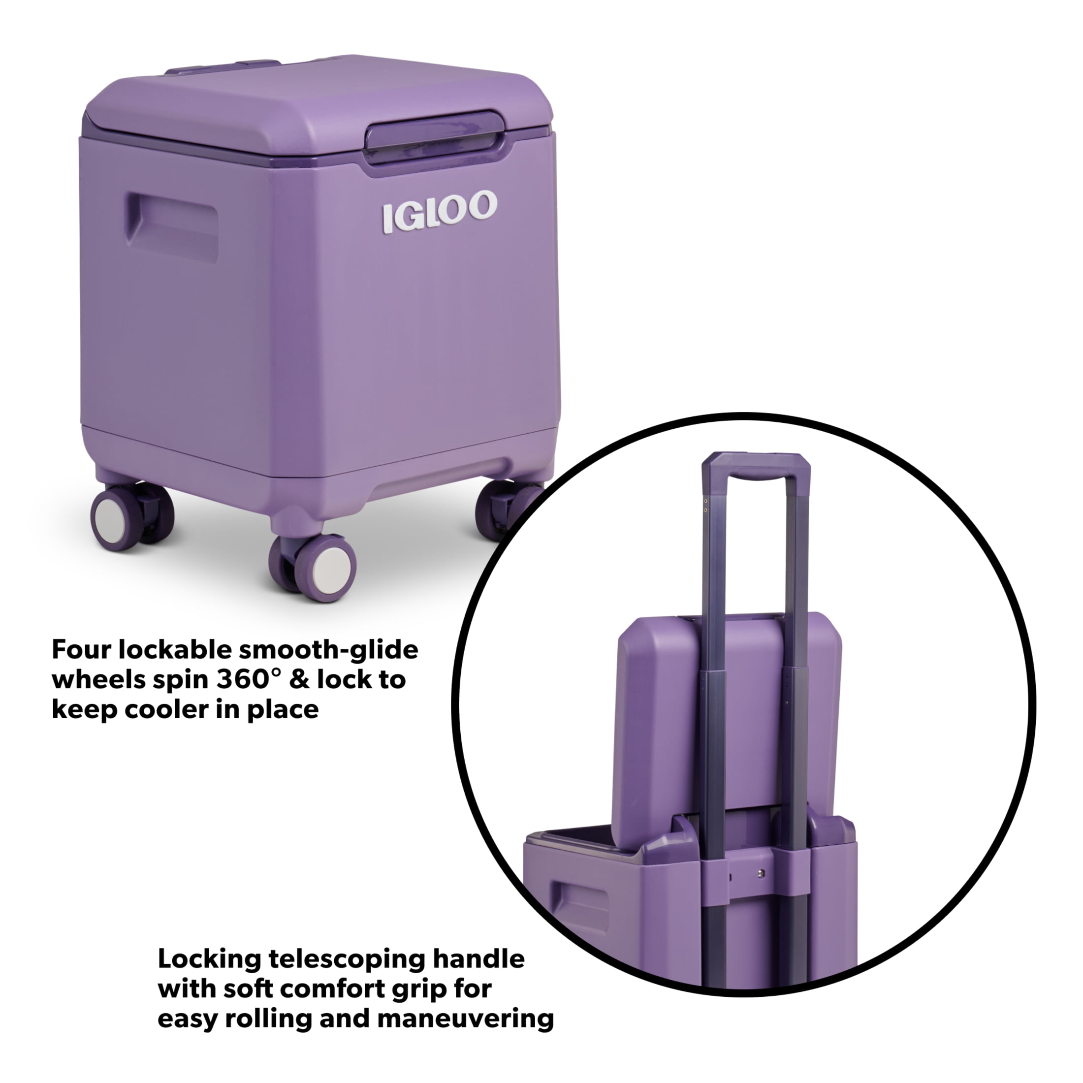 Igloo Tag-a-Long Too Spinner Wheeled Cooler 20 QT Dusted Grape 33 Can Capacity
