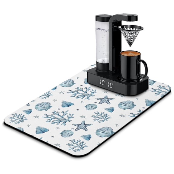 Dish Drying Mat with Seashells Design - Absorbent Diatom Mud Pad with Ocean Theme, Nautical Summer Coffee Bar Decor for Sink Area or Kitchen
