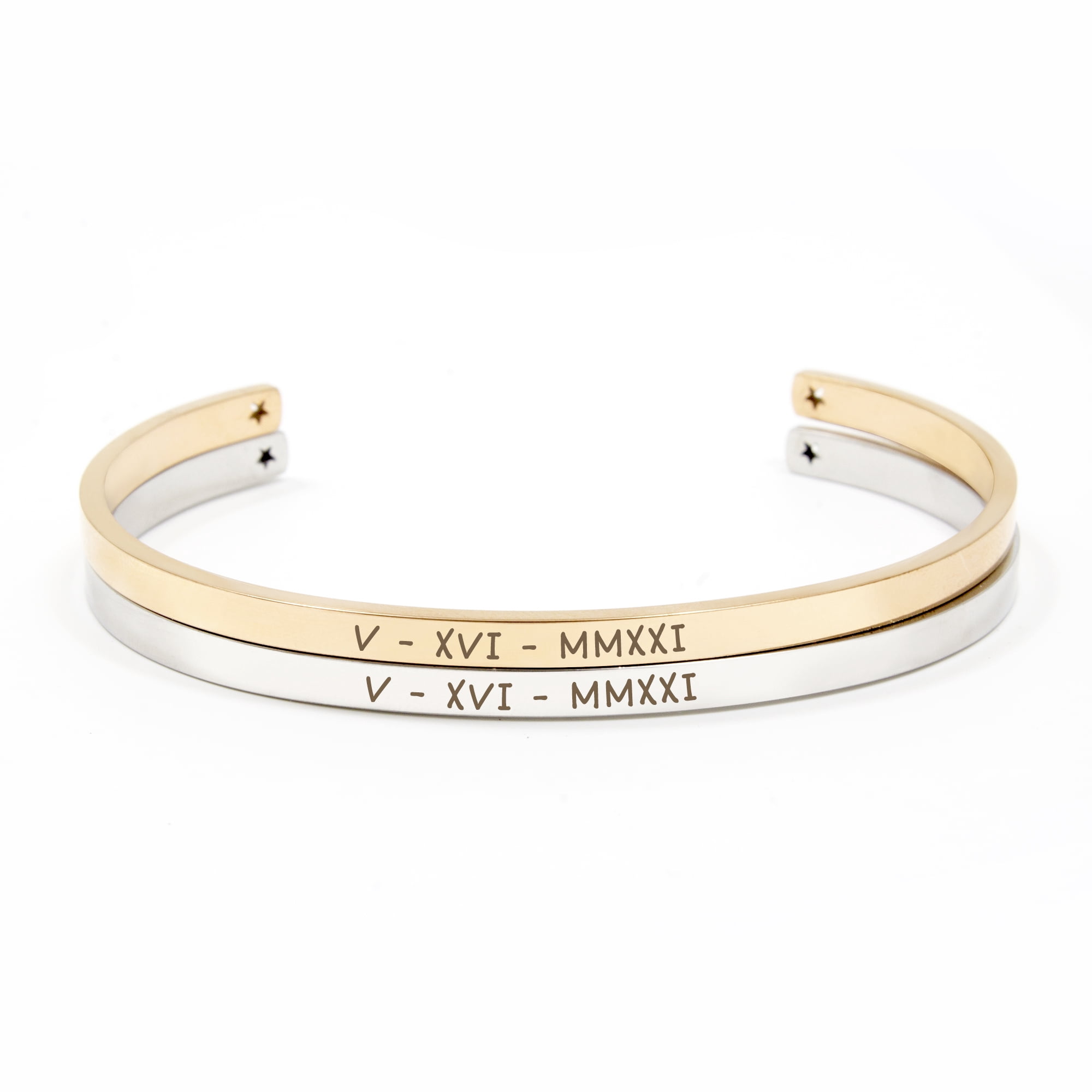 Personalized Silver and Rose Gold Stainless Steel Tarnish Resistant Cuff Bangle - Gift for Her Bracelet Set - Anniversary Gift for Couples - Stackable Bangles - Ships Next Day