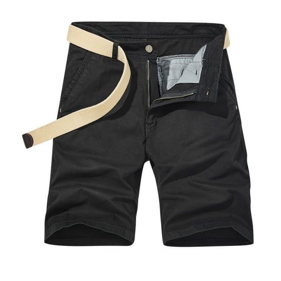 HOOMEUMY Men's Summer Shorts Straight Fit Khaki Cotton Multi-Pockets Zip Fly Belt Solid Bermuda Shorts for Men Black XXL