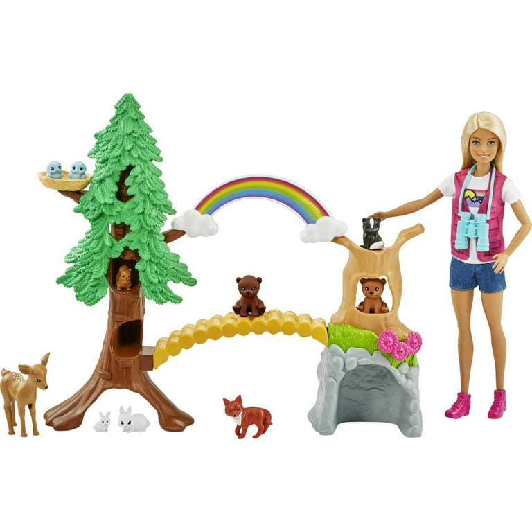 Barbie Wilderness Guide Doll & Playset, Blonde Doll with 10 Animal Figures,  Tree, Rainbow & More