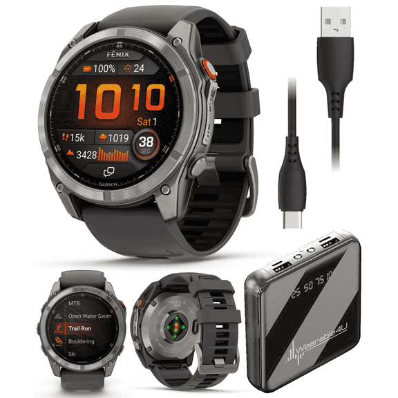 Garmin Fenix 8 Pro - 51mm AMOLED Sapphire Premium Connected Multisport GPS Smartwatch, inReach, Titanium & Graphite/Black Silicone Band w/ Wearable4U PowerBank Bundle