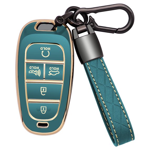 Key Fob Cover Compatible with Fit for Hyundai Sonata Santa fe Tucson 2020 2021 2022 2023 5 Button Soft TPU with Leather Keychain 360 Degree Protection Car Key Case Shell Holder Key Case Holder Protec