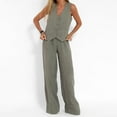 thumbnail image 6 of BLOCLOALO 2 Piece Lounge Set Sleeveless Tops Outfits Solid Color Cotton Linen Button Down Shirt Vest Tank Tops and Wide Leg Pants Set V Neck Blouses Trendy Business Sets Trendy Lounge Sets Grey M, 6 of 6