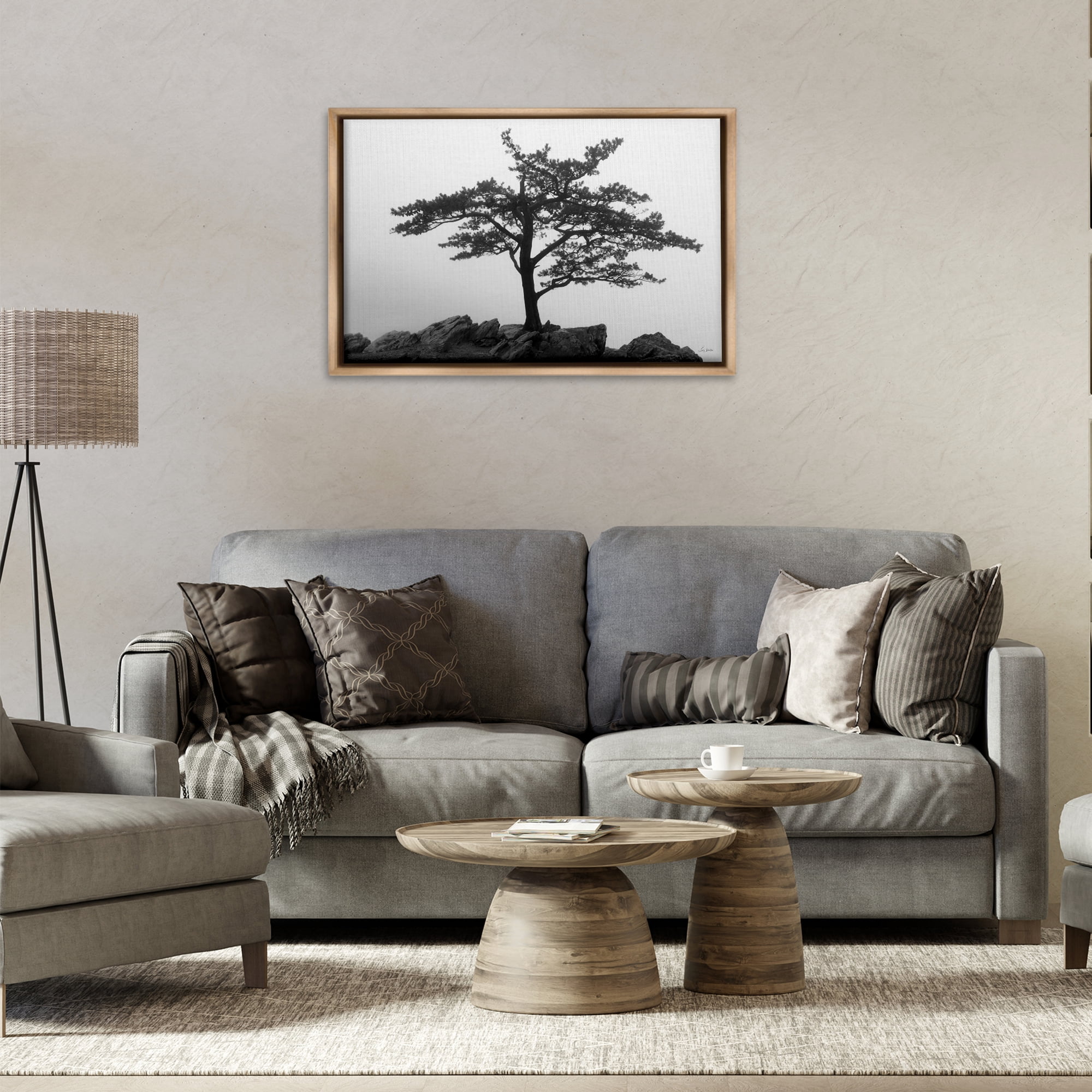 Stupell Industries Lone Tree on Rocks Landscape & Nature Photography Brown Floater Framed Canvas Art Print Wall Art, 31 x 21