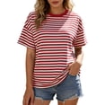 thumbnail image 2 of EliteGoogv Women's Striped Print T Shirts Crew Neck Short Sleeve Tops Casual Breton Striped Tees for Daily Streetwear,Red,M, 2 of 5