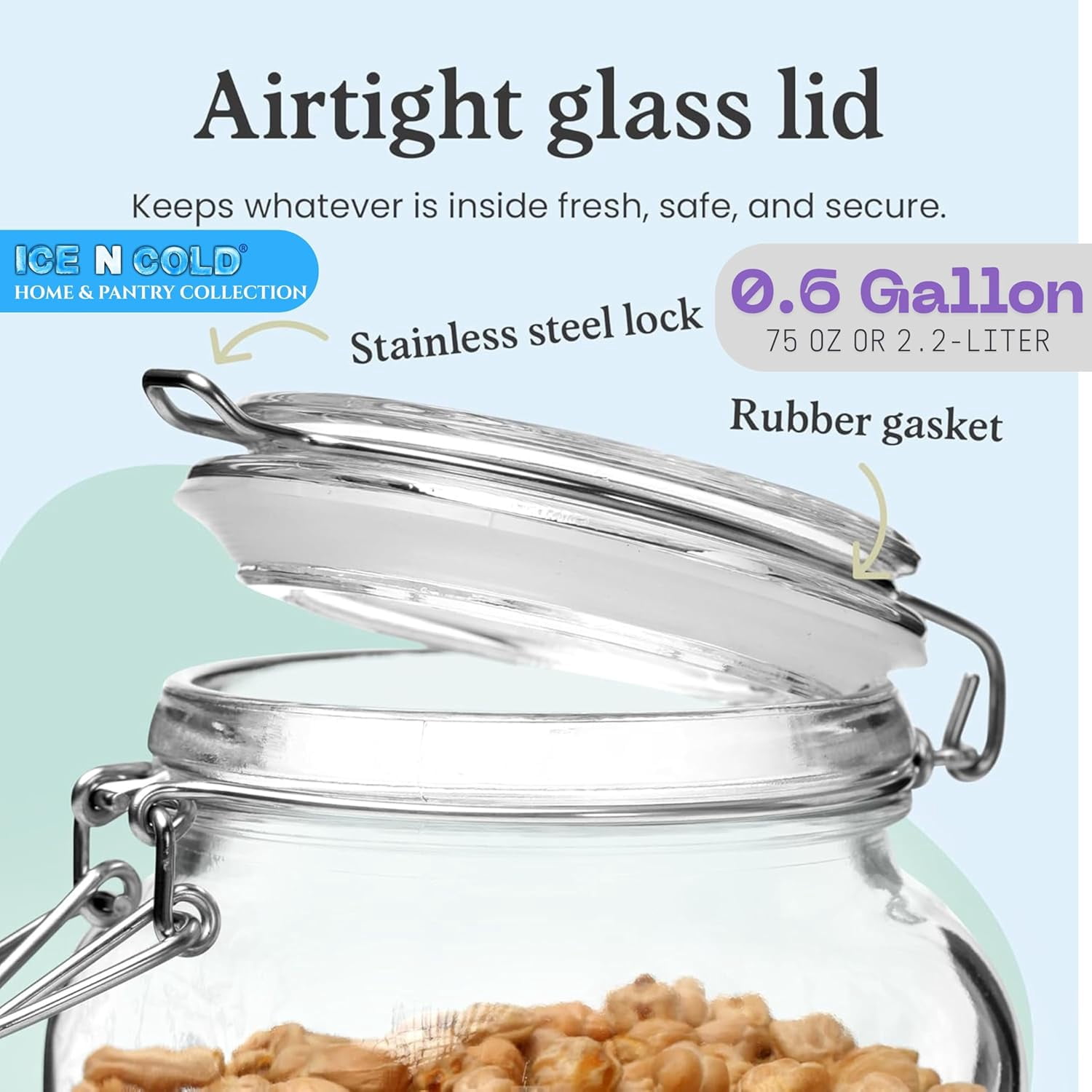 Airtight Glass Storage Jars with Clamp Lid – Food Storage Containers with Rubber Gasket Seal – Pantry & Kitchen Canisters for Dry Goods, Coffee, Sugar, Pasta – 0.4L to 2.2L Sizes (4, 75oz | 2.2L)
