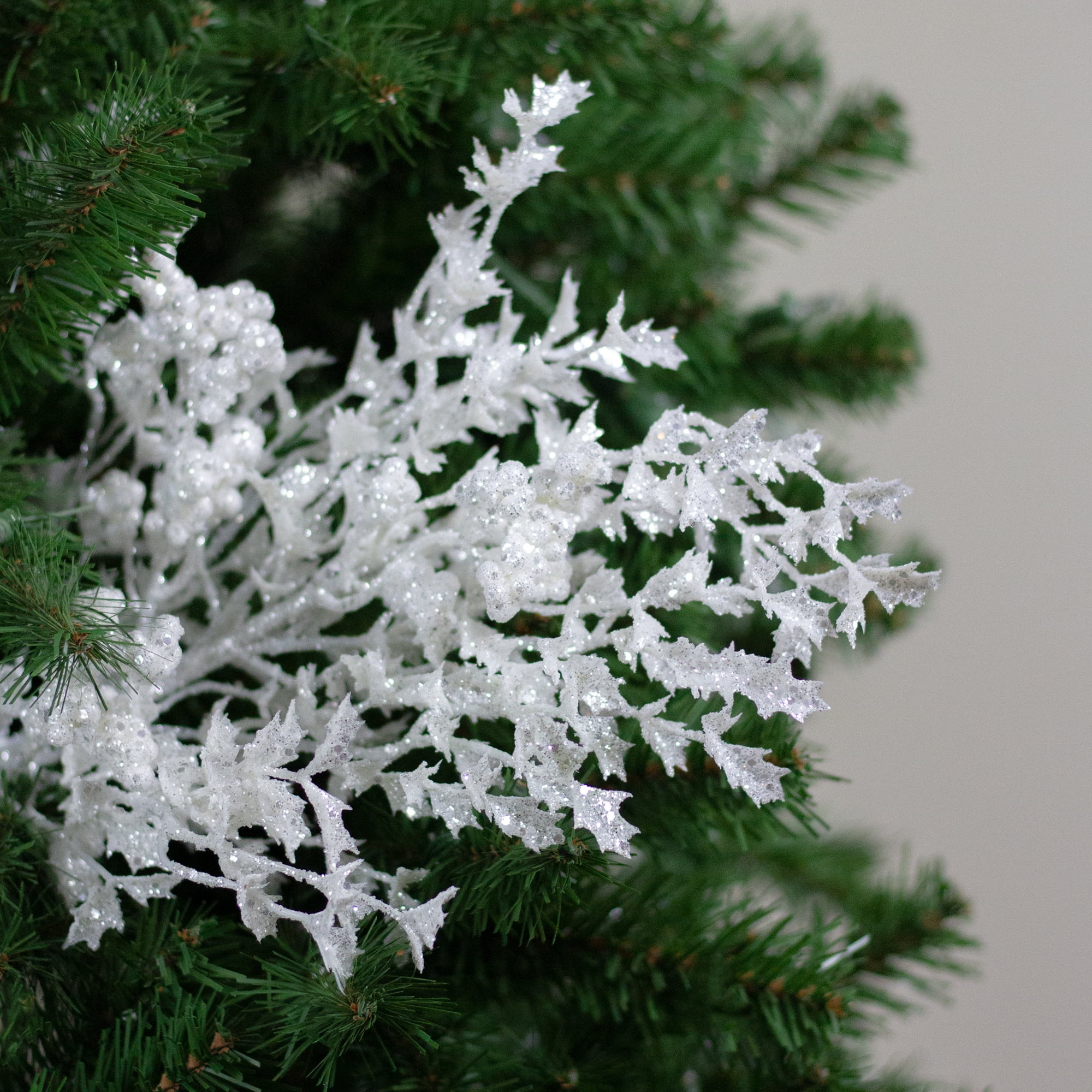 34" White Holly and Berry with Silver Glitter Christmas Spray