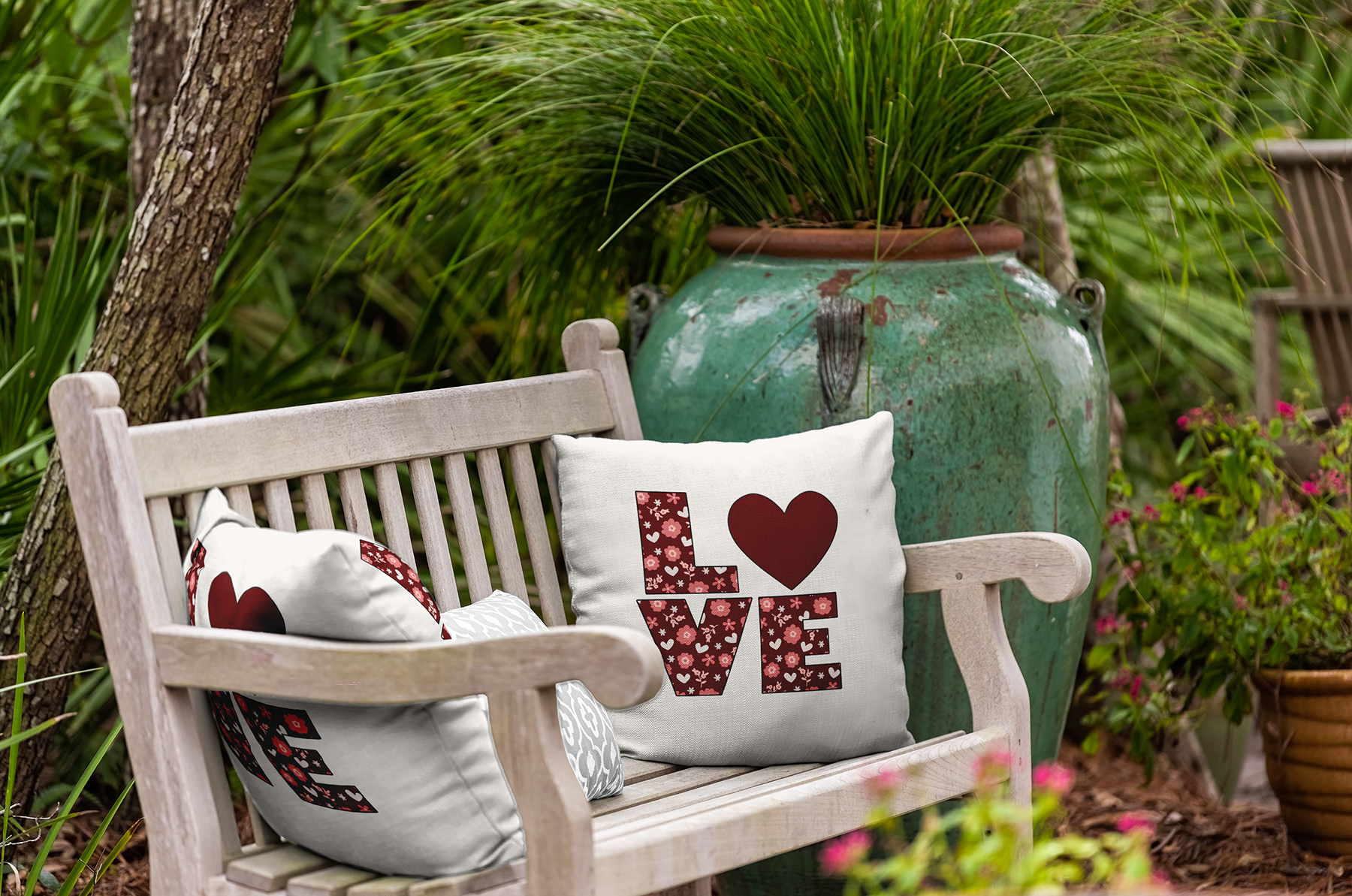 18"x18" Simply Daisy Valentines Love with Flowers Poly Indoor/Outdoor Pillow, Maroon Qty 1