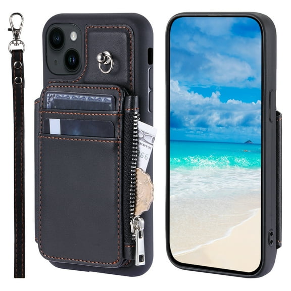 ELEHOLD for iPhone 15 Plus PU Leather Wallet Case,RFID Blocking Card Slots Magnetic Closure Detachable Wrist Strap Lanyard Wallet Crossbody Strap Case for iPhone 15 Plus,Black