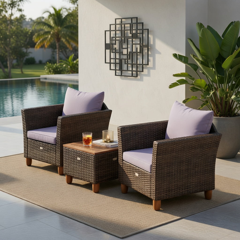 Hommoo 3-Piece Outdoor Rattan Bistro Set with Acacia Wood Table, Patio Chairs & Coffee Table for Balcony, Porch, Garden, Gray
