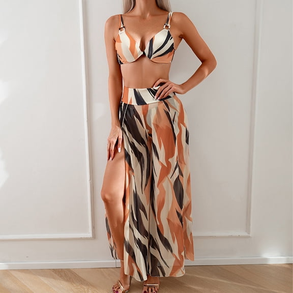 XUNKUSGA 3 Piece Swimsuits for Women Fashion Boho Floral Bikini Sets for Women Retro High Waisted Slit Maxi Skirt Bathing Suit Cover Up for Women,Brown,S