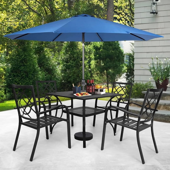 SUNCROWN 5-Piece Outdoor Wrought Iron Chairs and Table Patio Dining Furniture Set - 4 Stackable Metal Chairs, 1 Steel Slat Bistro Table and 1 Dark Blue 9Ft Patio Umbrella for Garden Backyard Deck