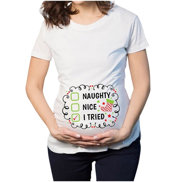 Blusa de Maternidad de Navidad Camiseta de Navidad Elk Muñeco de Nieve Estampado de Dibujos Animados Ropa de Maternidad Top de Manga Corta Camiseta de Embarazo Odeerbi ODB121635