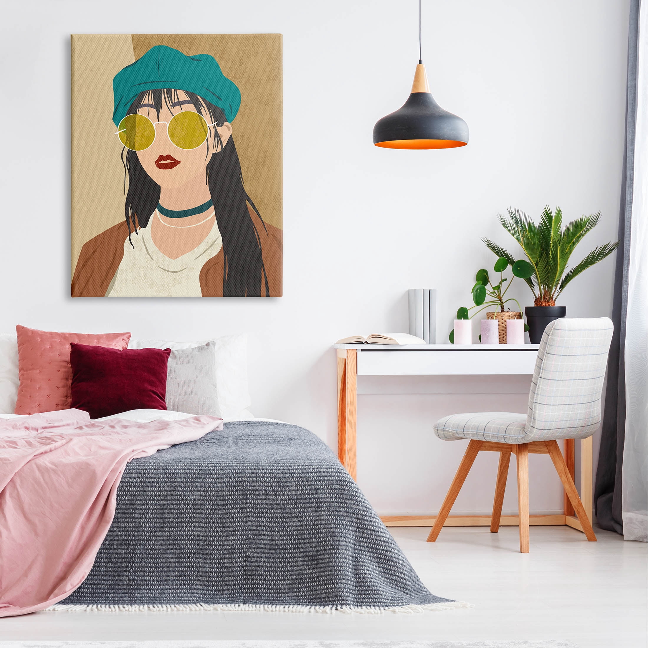 Boho Fashion Girl Portrait Botanical & Floral Graphic Art Gallery Wrapped Canvas Print Wall Art