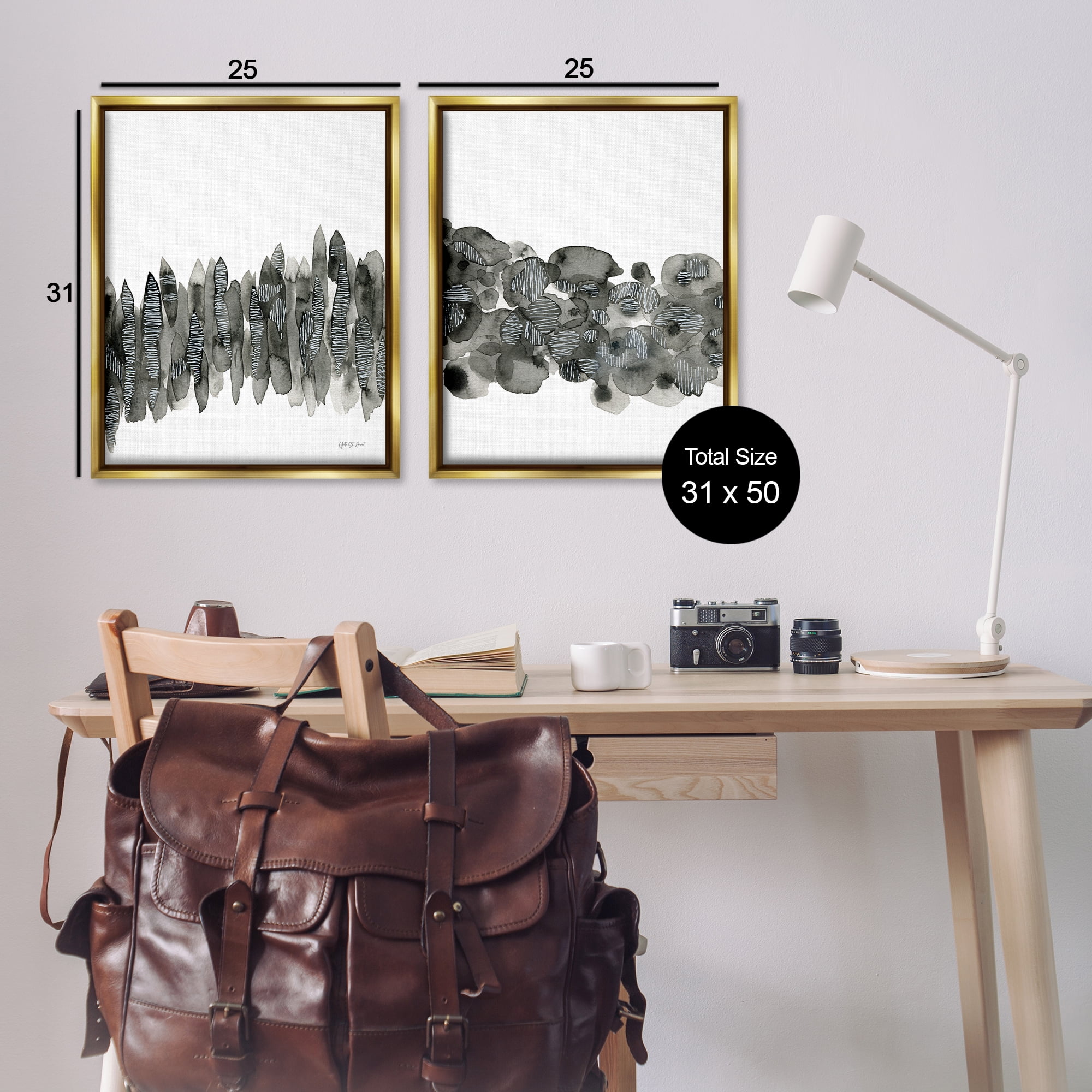 Stupell Industries Abstract Charcoal Kindling Abstract Painting Gold Floater Framed Canvas Art Print Wall Art, 31 x 25, Set of 2