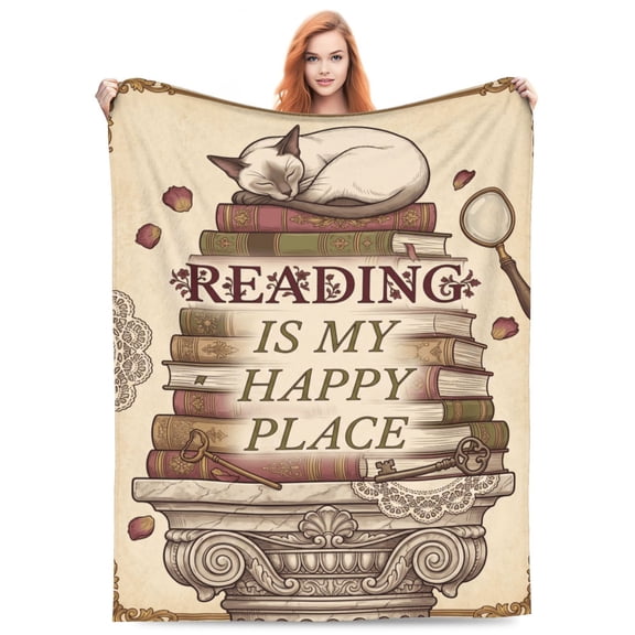 Reading Throw Blanket, Book Lover Design, Soft Flannel Blanket Gift for Readers Bookworms Librarian, Christmas Birthday 50x40