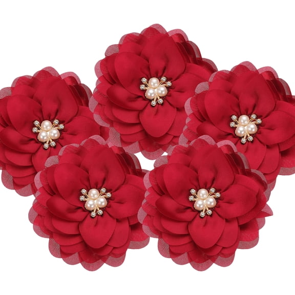 3.15 Inch Chiffon Flowers, 5 Pcs Fabric Flowers Rhinestone Pearl Large Camellia Sewing Appliques for DIY Crafts Dresses Clothing Headbands Wedding Party Decoration, Wine Red