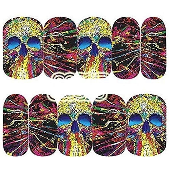 Sheet of Skull with Phychedelic Effects Nail Decal Punk Gothic Rockabilly SKULL Nail Wrap Decals Sticker Salon Quality Nail Art - Great for Halloween!