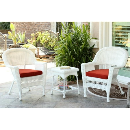 3-Piece White Resin Wicker Patio Chairs and End Table Furniture Set - Red Cushions