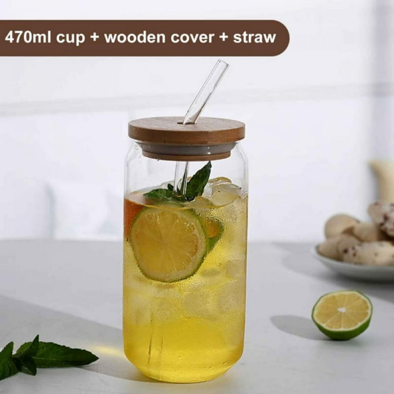 Drinking Glasses with Bamboo Lids and Glass Straw - 16 Oz Can Shaped Glass  Cups Beer Glasses Ice Coffee Glasses Cute Tumbler Cup Great for Soda Boba
