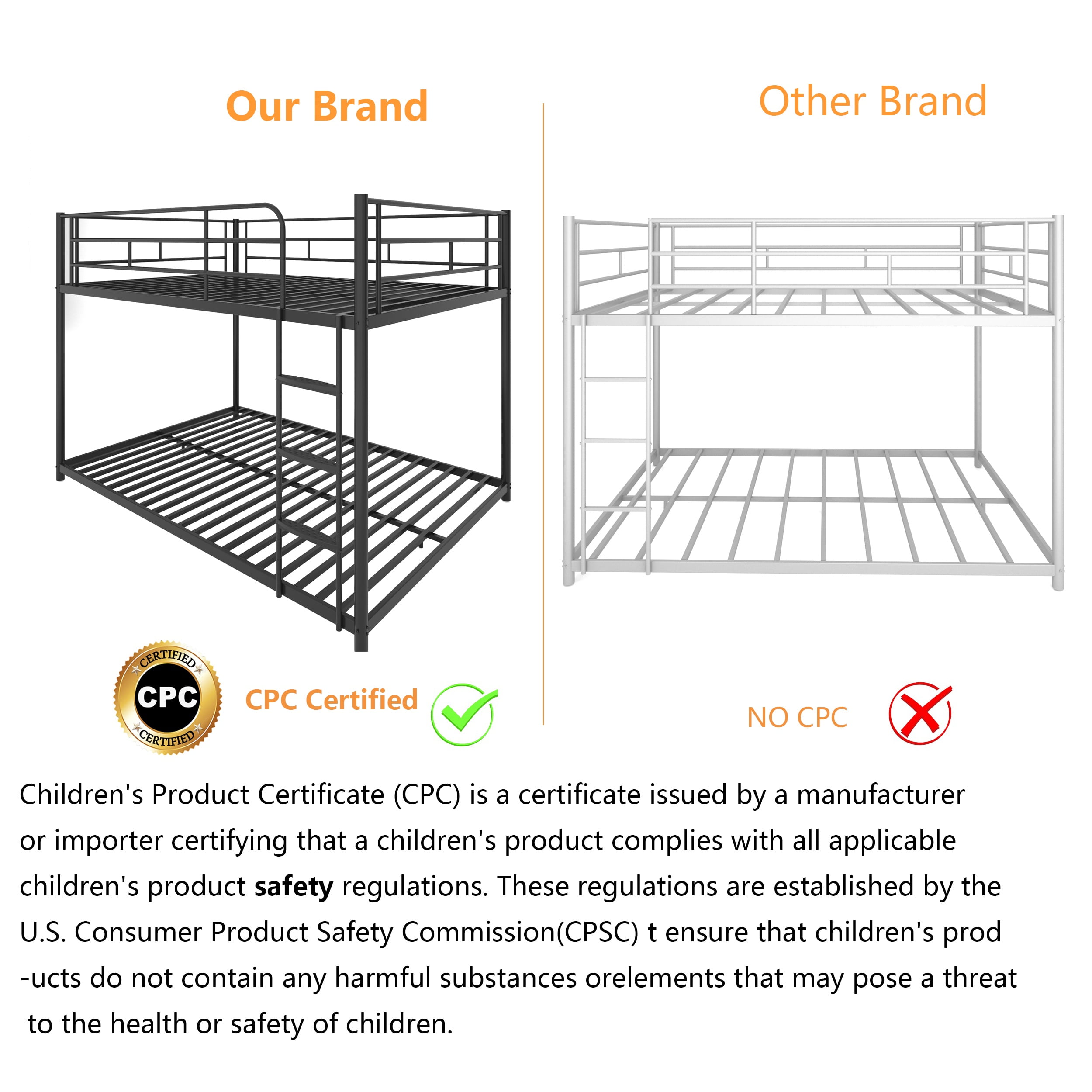 Bunk Bed Full over Full Metal Bunk Bed for Kids,Adults,Heavy Duty Bunk Bed with Full-Length Guardrail,Comfortable Step,Easy to Assemble