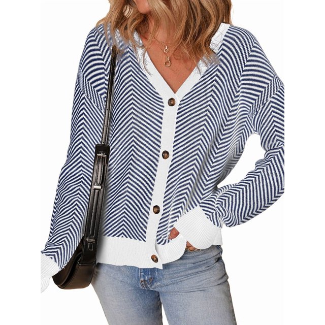 Cardigans Décontractés pour Femmes à devant Ouvert, Manches Longues, Tricot Épais, Rayés, Chandails, Manteaux, Bleu, TG