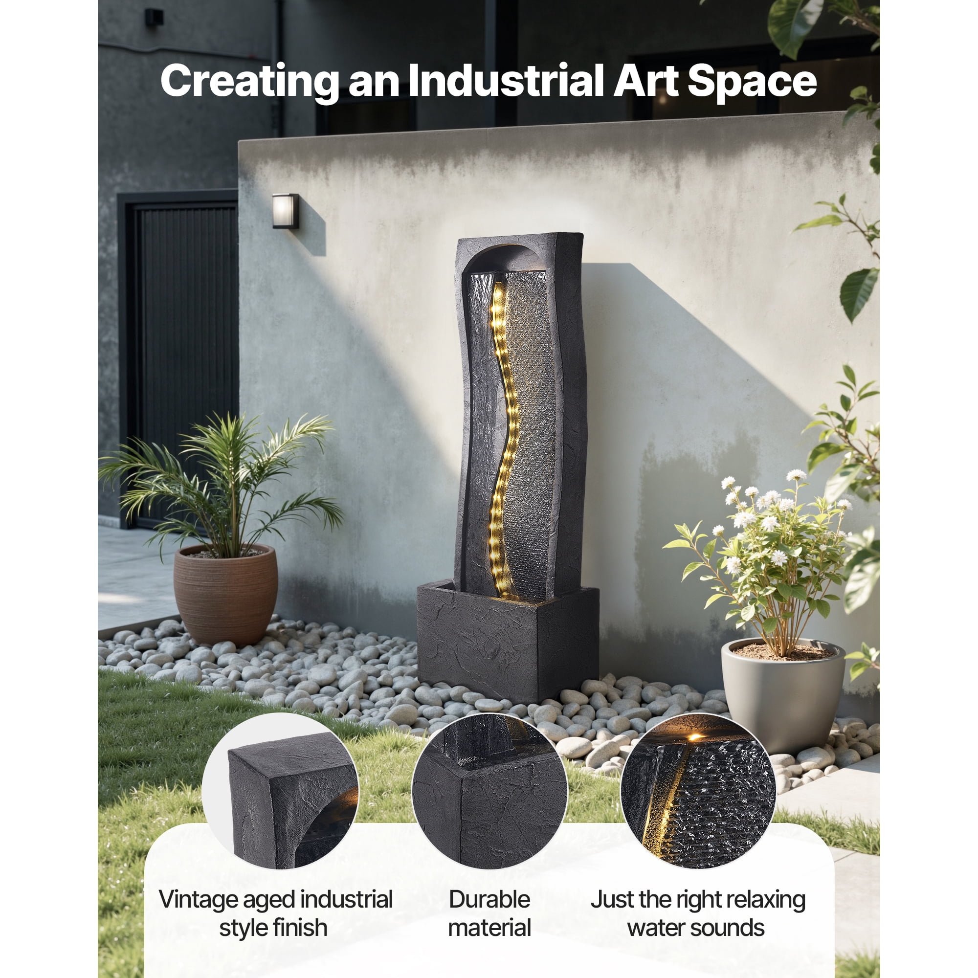 KFFKFF Outdoor Water Fountain, 38.58-Inch Tall with LED Light and Pump, 1-Tier Floor Standing Rock Base Design for Garden, Home, Patio, and Backyard Use