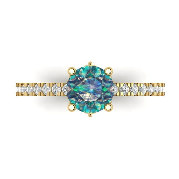 1.465 ctw Solitaire with Zirconia Diamond Accents Anniversary Ring for Women | Round Cut Blue Moissanite | Hyperallergenic Solid 14K Yellow Gold