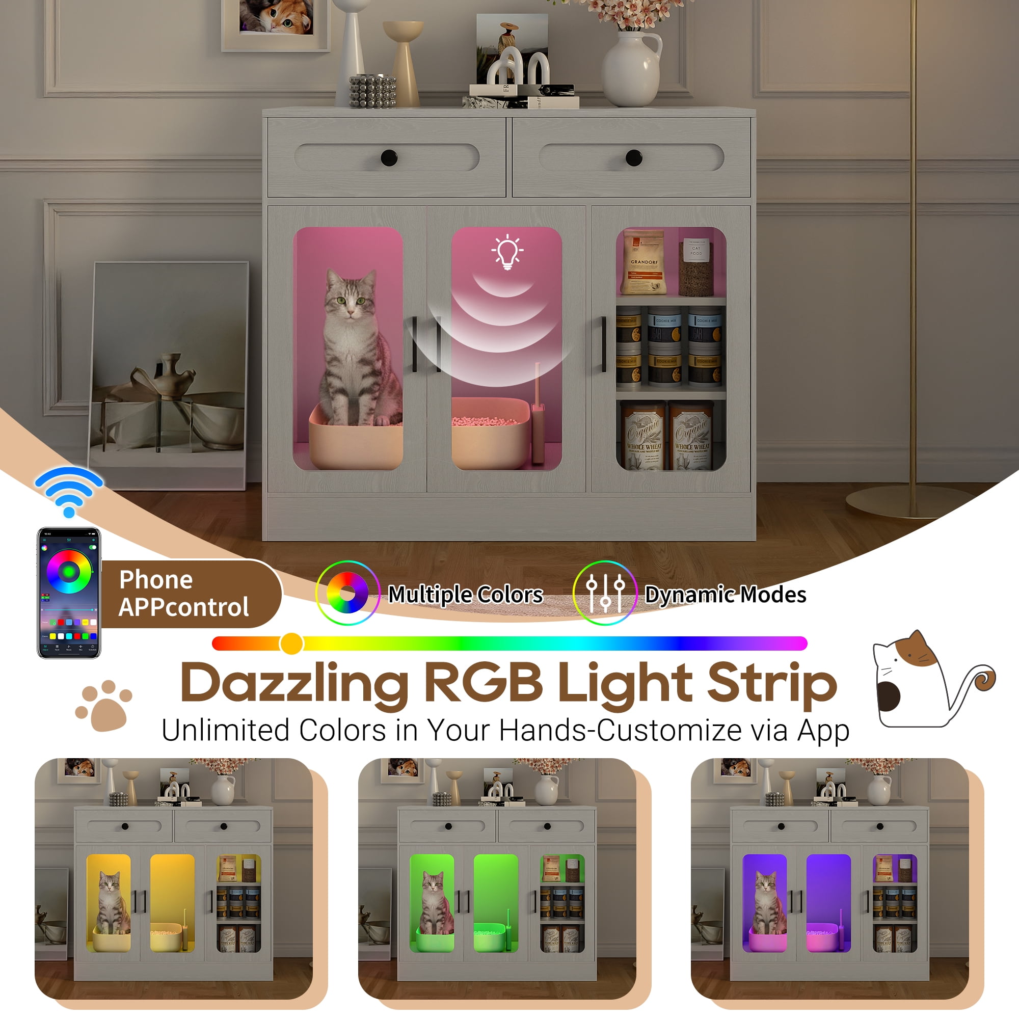 Aukfa Hidden Cat Litter Box Enclosure with LED Light, Cat Litter Box Cabinet with Storage Drawer & Acrylic Door, Modern Cat Furniture Side Table,Gray