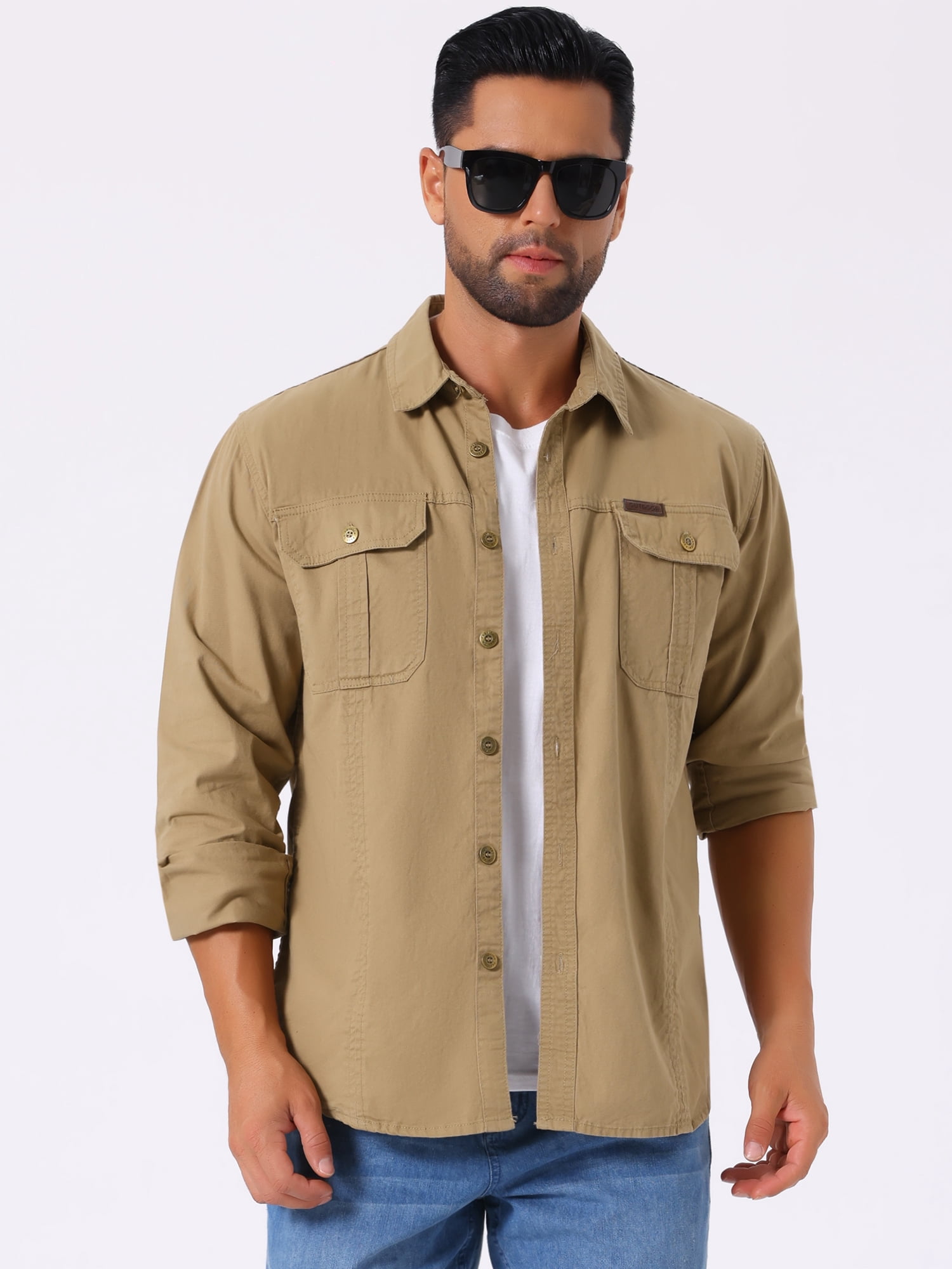 DARING DIVA Men's Casual Workwear Long Sleeve Button Down Hiking Shirts S Khaki
