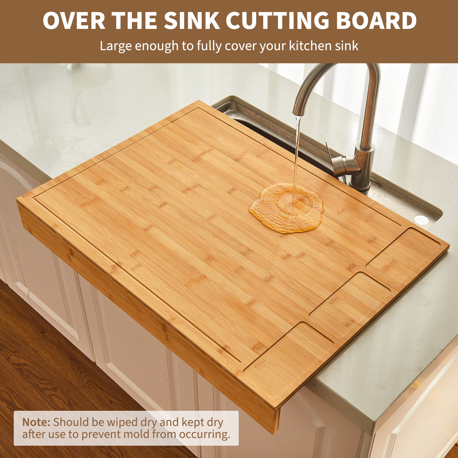 Bamboo Cutting Board & Stovetop Cover - Raised Chopping Board with Detachable Legs, Juice Groove & Compartments - Versatile Sink Cover for Home and Restaurant Kitchen Countertops